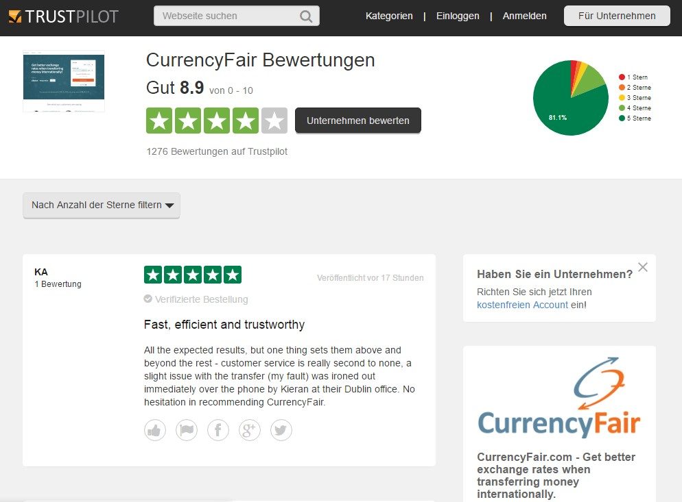 CurrencyFair Bewertungen